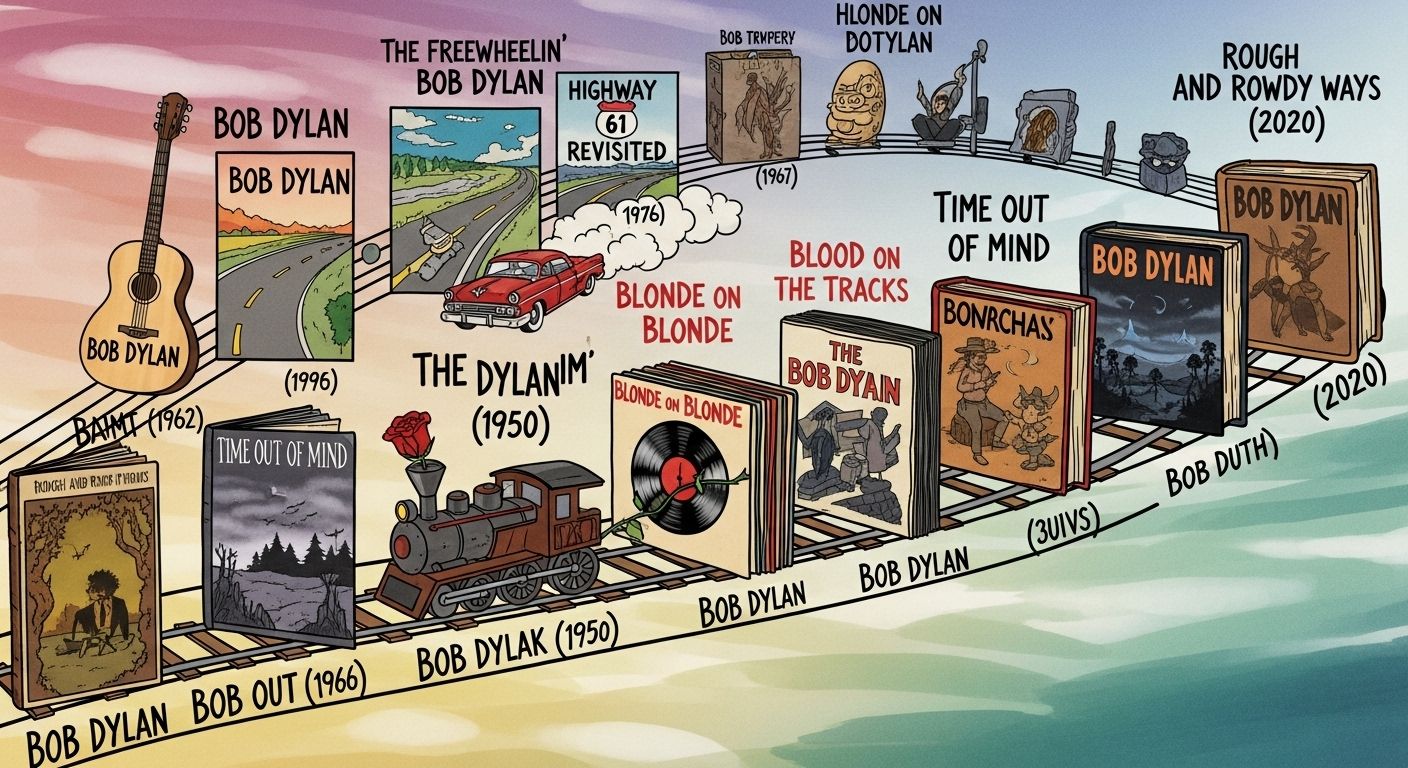 bob dylan discography in order timeline chart with album covers from 1962 to 2020