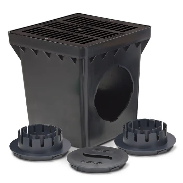 12 Inch Drainage Basin Kit with 2 Outlets, 12 Inch Flat Black Grate and Adapters