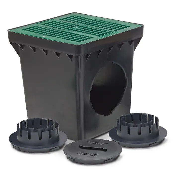 9 Inch Drainage Basin Kit with 2 Outlets, 9 Inch Flat Green Grate and Adapters