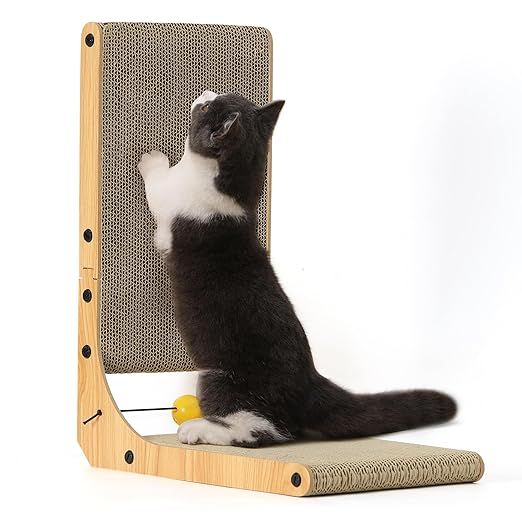 FUKUMARU Cat Scratcher, 26.8 Inch L Shape Cat Scratch Pad Wall Mounted, Cat Scratching Cardboard with Ball Toy for Indoor Cats, Large Size (18.9 in)