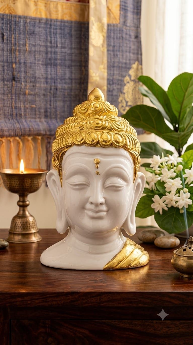 Tranquil Divinity Glossy White & Gold Buddha Head Bust Sculpture