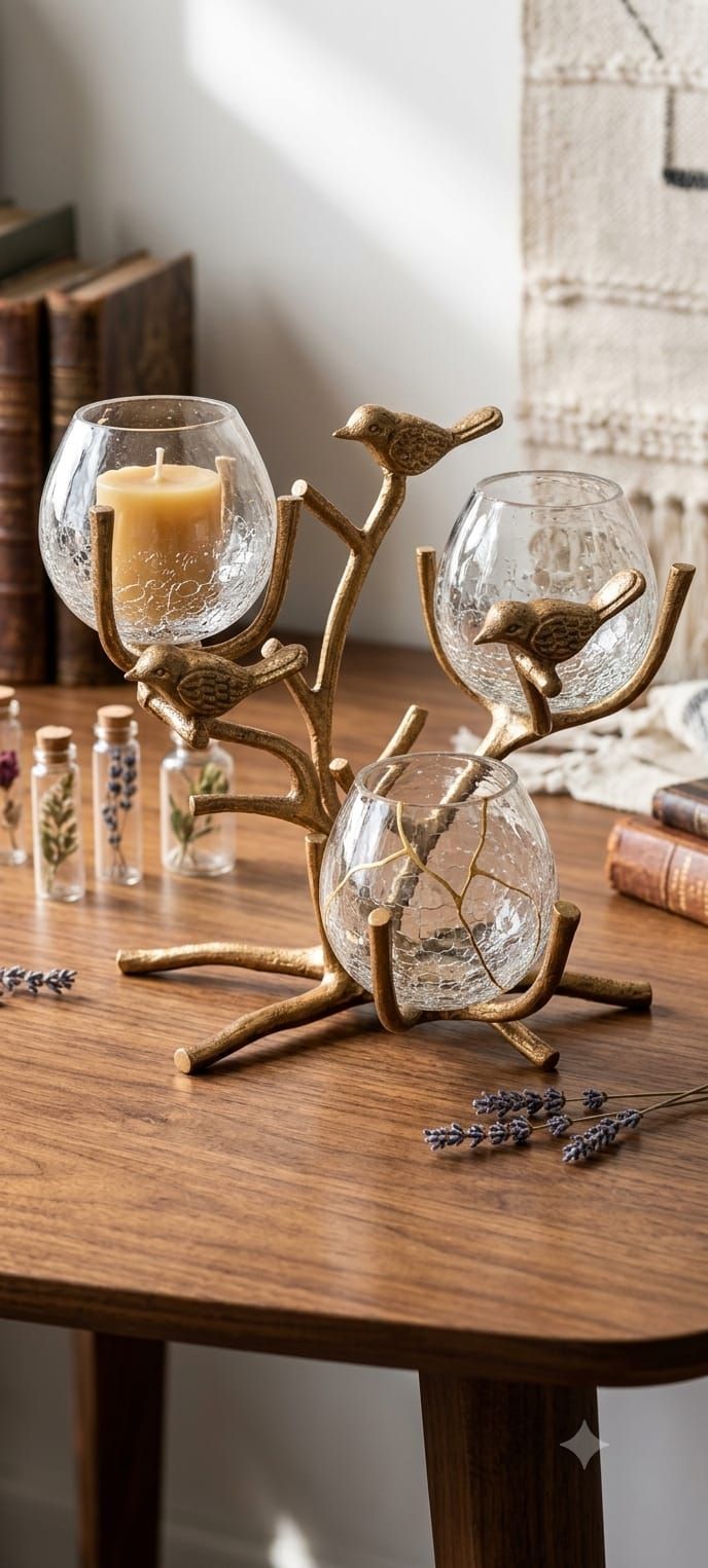 Enchanted Forest 3-Vessel Metal Bird Candleholder Tabletop Centerpiece