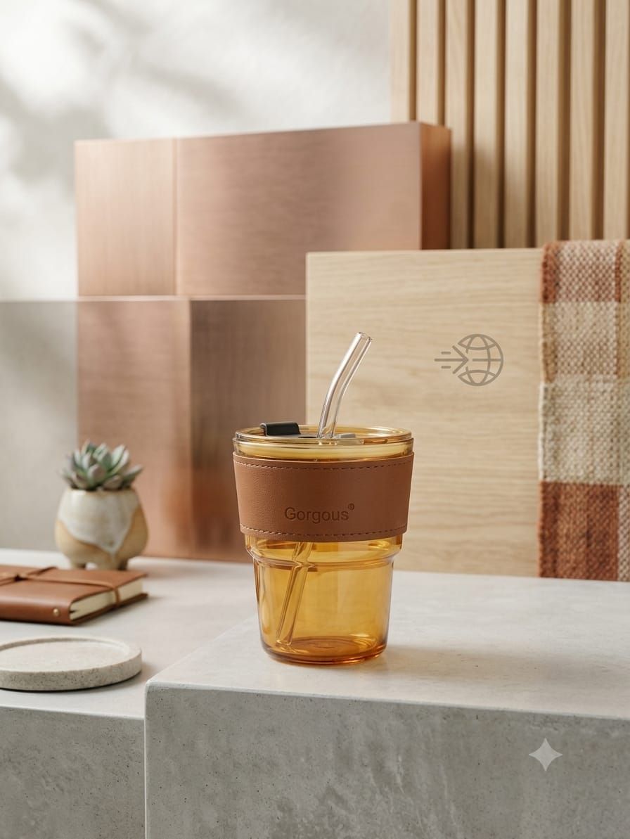 Gorgous Amber Glass Reusable Sipper Mug with Curved Glass Straw & Sleeve