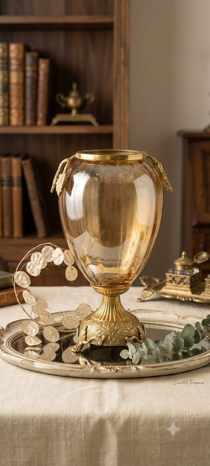Antique Gold Pedestal Amber Glass Centerpiece Urn