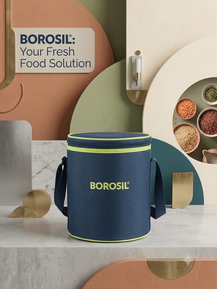 Borosil Fresh Food Round Glass Lunch Box Set (3 Containers + Insulated Carry Bag – Navy Blue & Lime)