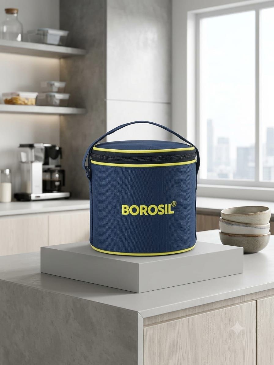 Borosil Fresh Food Round Glass Lunch Box Set (2 Containers + Insulated Carry Bag – Navy Blue & Lime)