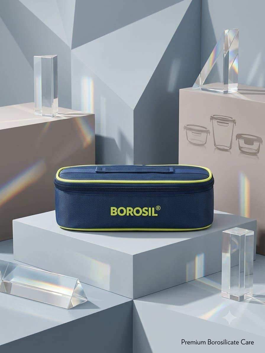 Borosil Fresh Food Square Glass Lunch Box Set (2 Containers + Horizontal Insulated Bag – Navy Blue & Lime)