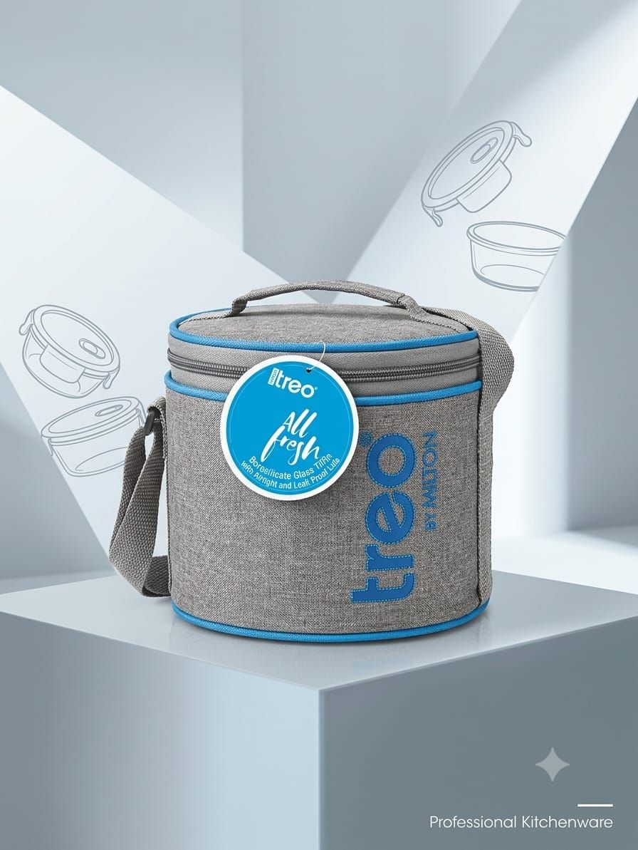 Treo by Milton All Fresh 2-Piece Leakproof Glass Meal Container Set with Grey & Blue Thermal Bag