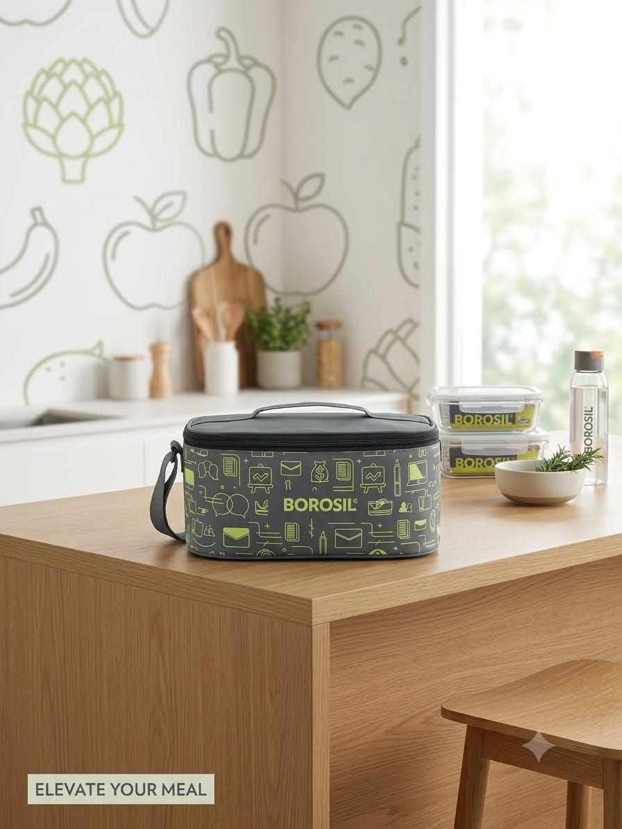 Borosil Carry Fresh Leakproof Steel Lunch Carrier (3 Containers + Chapati Box) – Dark Teal Doodle Print