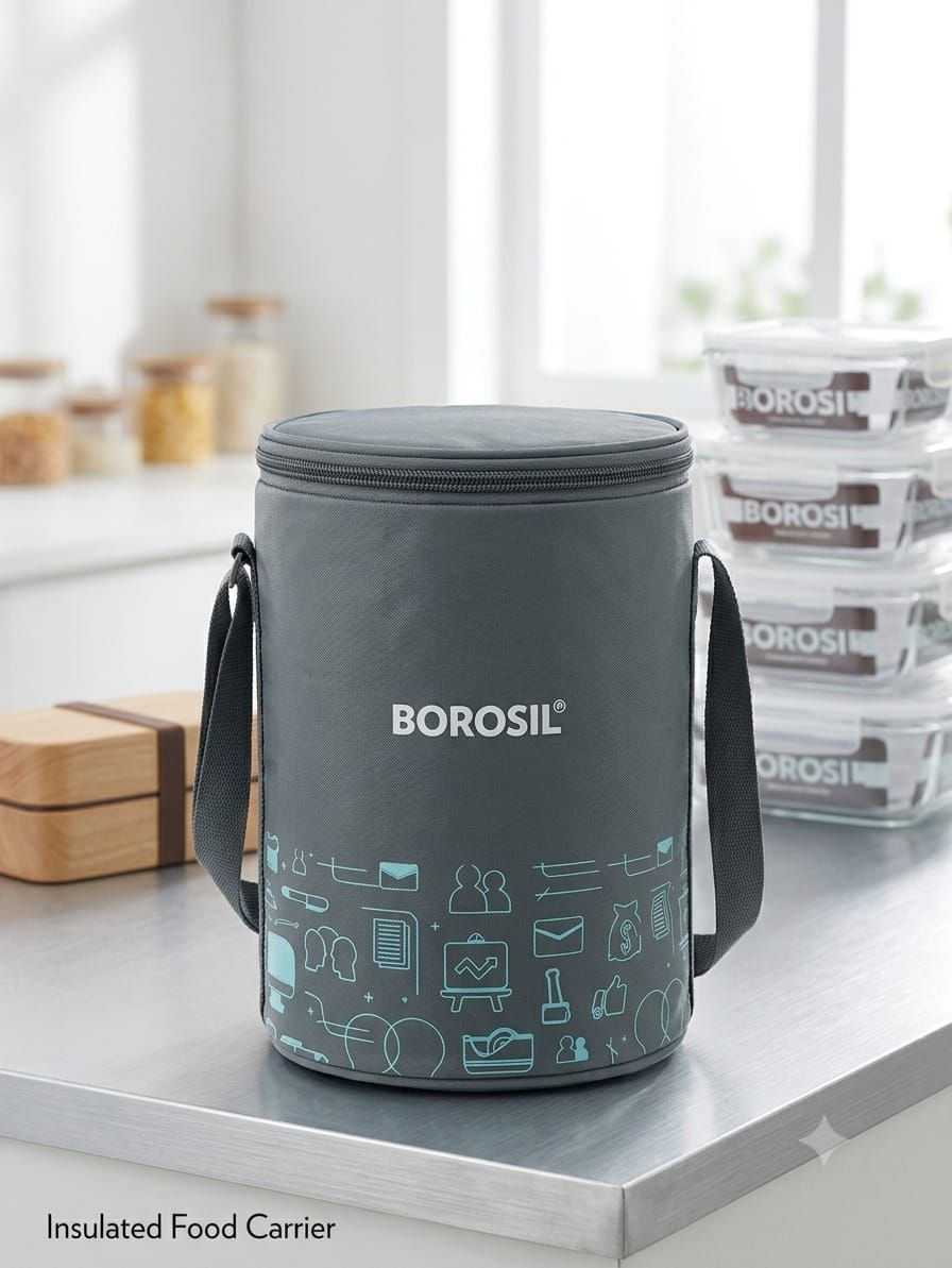 Borosil Carry Fresh Double-Wall PUF Insulated Steel Tiffin Set (280 ml x 2 + 180 ml x 1) – Vertical Grey Bag