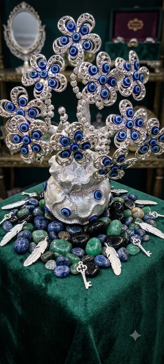 Silver Plated Evil Eye Wishing Tree with Crystal Flowers & Wealth Pouch Base