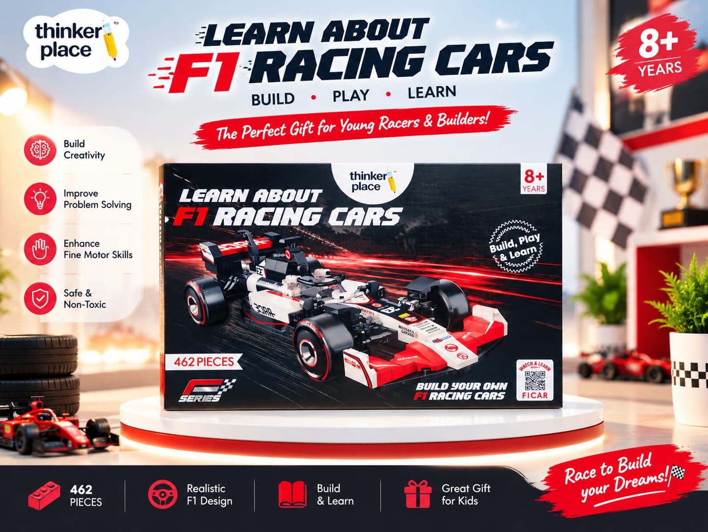 ThinkerPlace 462-Piece Formula 1 Model Car Building Blocks Set