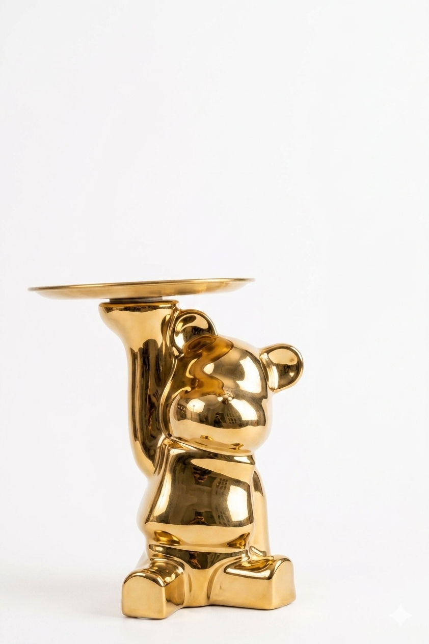 Gold Bear Statue with a Metal Tray