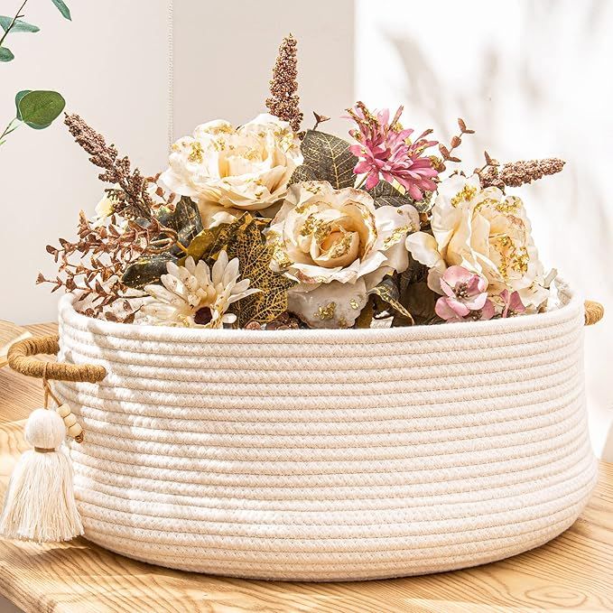 KAKAMAY Woven Baskets for Storage(16"x8"), Blanket Basket for Organizing Living Room, Cotton Rope Basket Woven Baby Laundry Hamper, Collapsible Laundry Room Organization, Clothes, Toy Chest (White)