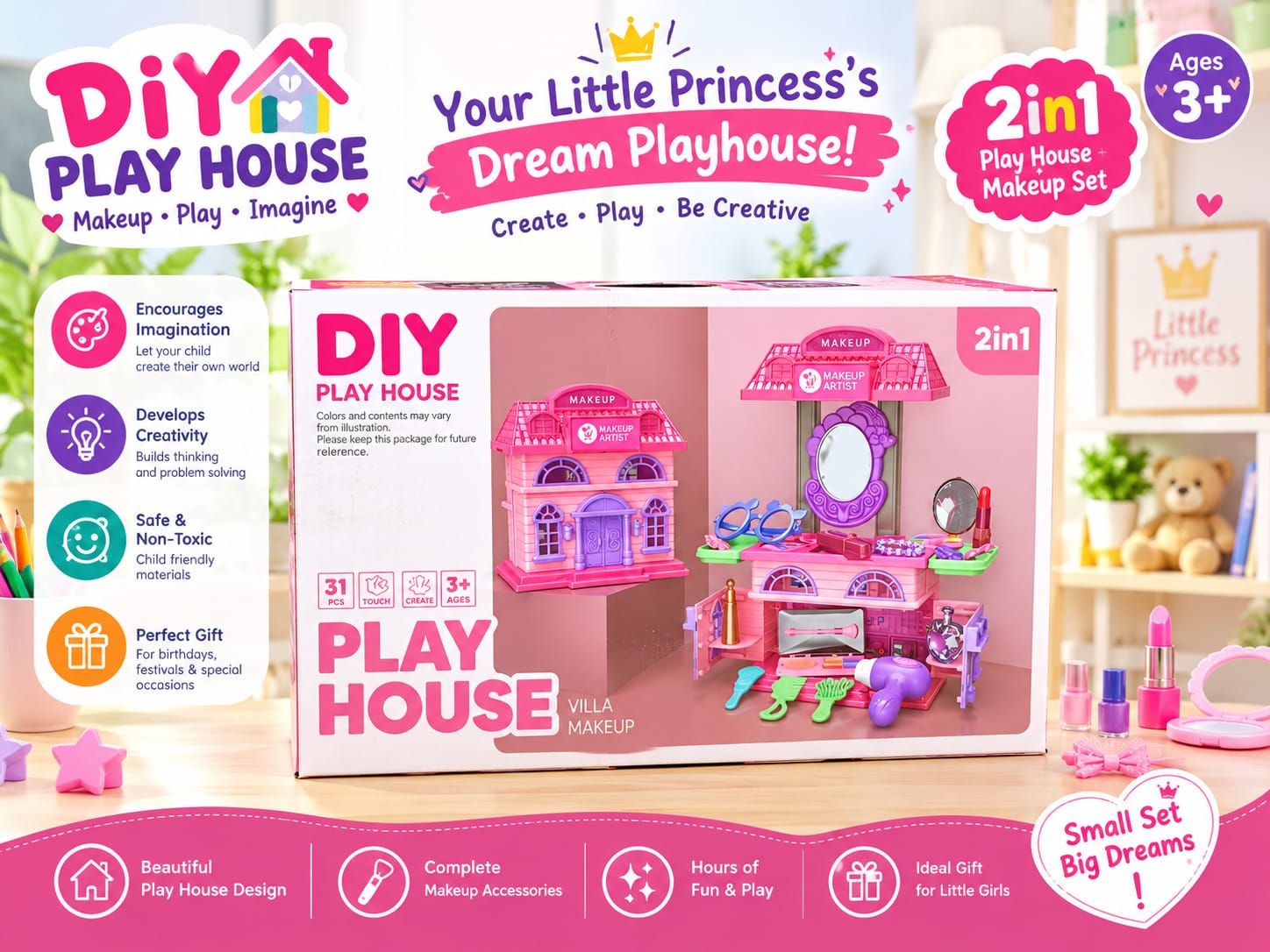 2-in-1 DIY Princess Play House & Vanity Makeup Set (31 Pieces)