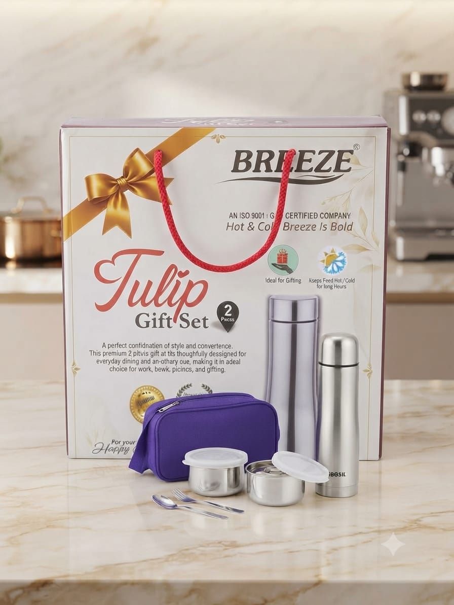 Breeze Tulip Gift Set – Stainless Steel Vacuum Flask & Insulated Lunch Box Combo
