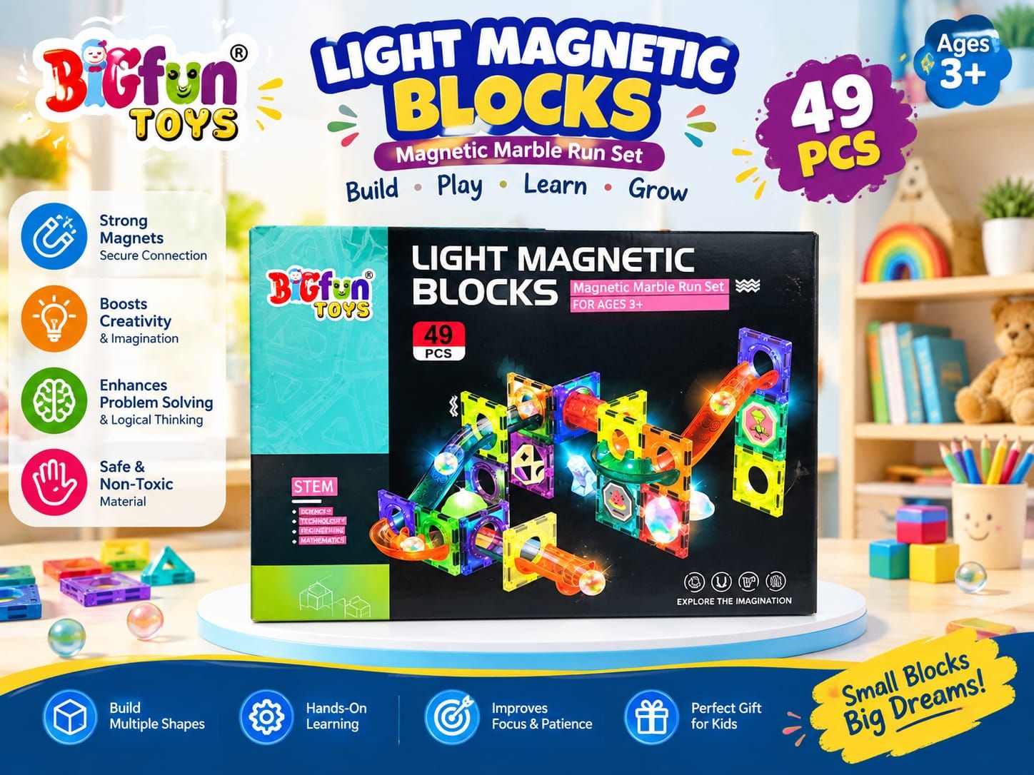 Glowing Light-Up Magnetic Tiles & Marble Maze Construction Kit (49 Pcs)