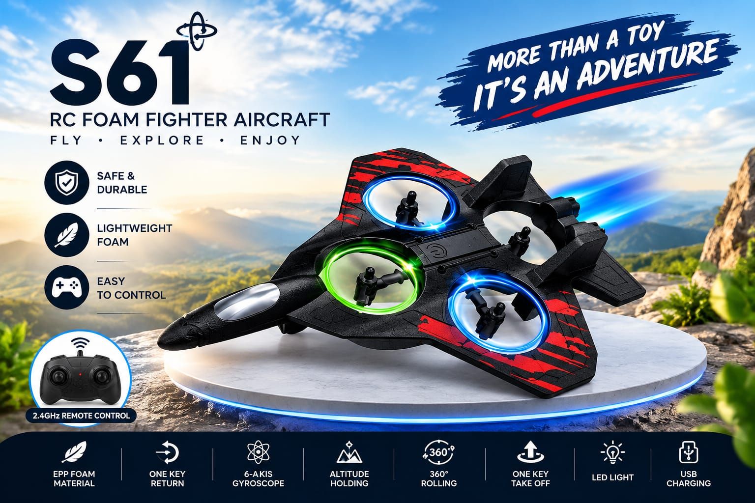 S61 RC Foam Fighter Aircraft – 2.4GHz Remote Control Stunt Jet Drone
