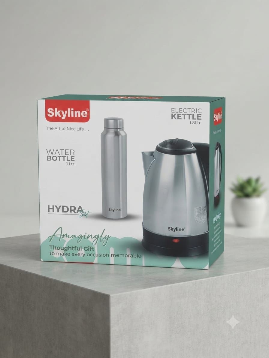 Skyline Hydra Set – 1.8L Stainless Steel Electric Kettle & 1L Water Bottle Combo