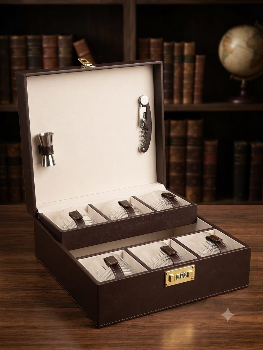 Executive 6-Glass Portable Leatherette Briefcase Bar Tool Set – Deep Espresso Brown