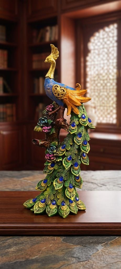 Royal Crest Handcrafted Peacock Resin Figurine with Cascading Plumage