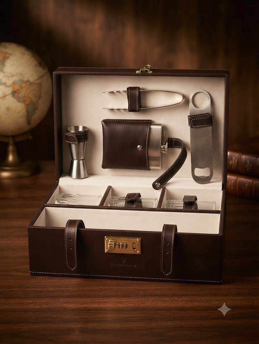 The Reserve Collection Executive Leatherette Portable Briefcase Bar Set – Deep Saddle Brown