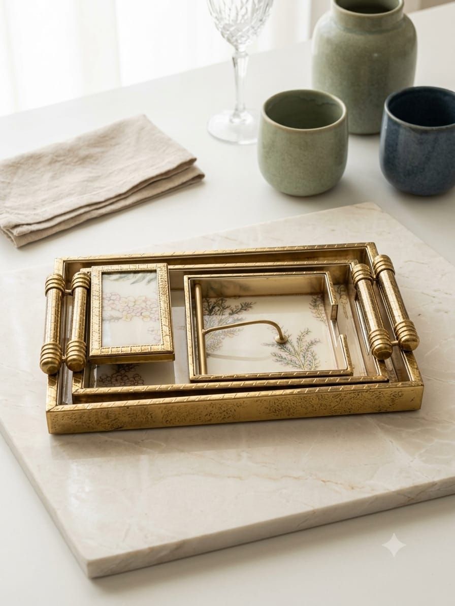 Royal Botanical 4-Piece Nesting Brass & Mother-of-Pearl Vanity Desk Organizer Set