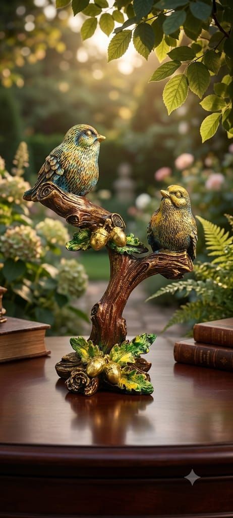 Golden Meadow Songbirds on Branch Resin Figurine