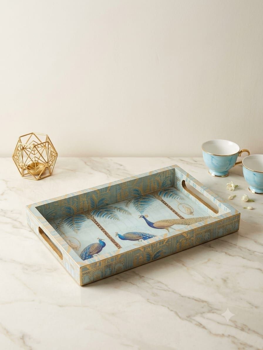 Royal Peacock Jharokha Handcrafted Wooden Serving Tray – Small