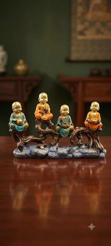 Tranquil Bloom 4 Baby Buddha Monk Figurines on Driftwood Branch