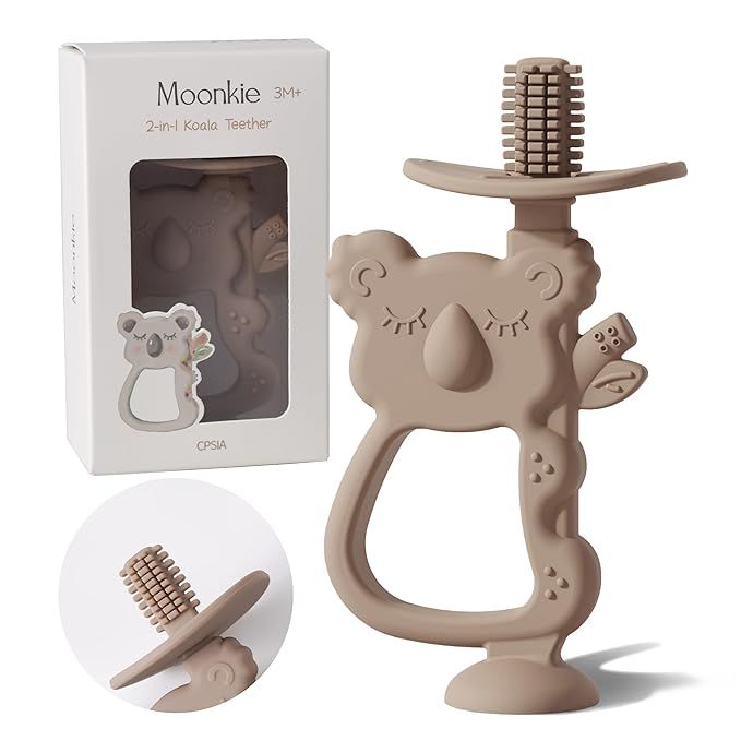 MOONKIE Moonkie Teething Toy, Safe & Easy to Hold BPA Free Silicone Teethers, 360° Baby Toothbrush with Suction Base, Teether Toys Best for Babies 6-12 Months (Koala Warm Taupe)