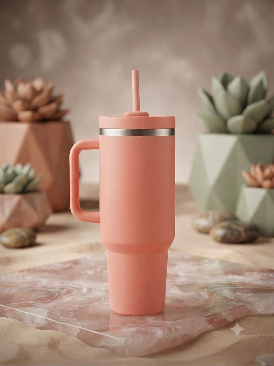 Double-Wall Vacuum Insulated Car Cup Mug with Straw & Comfort Grip Handle