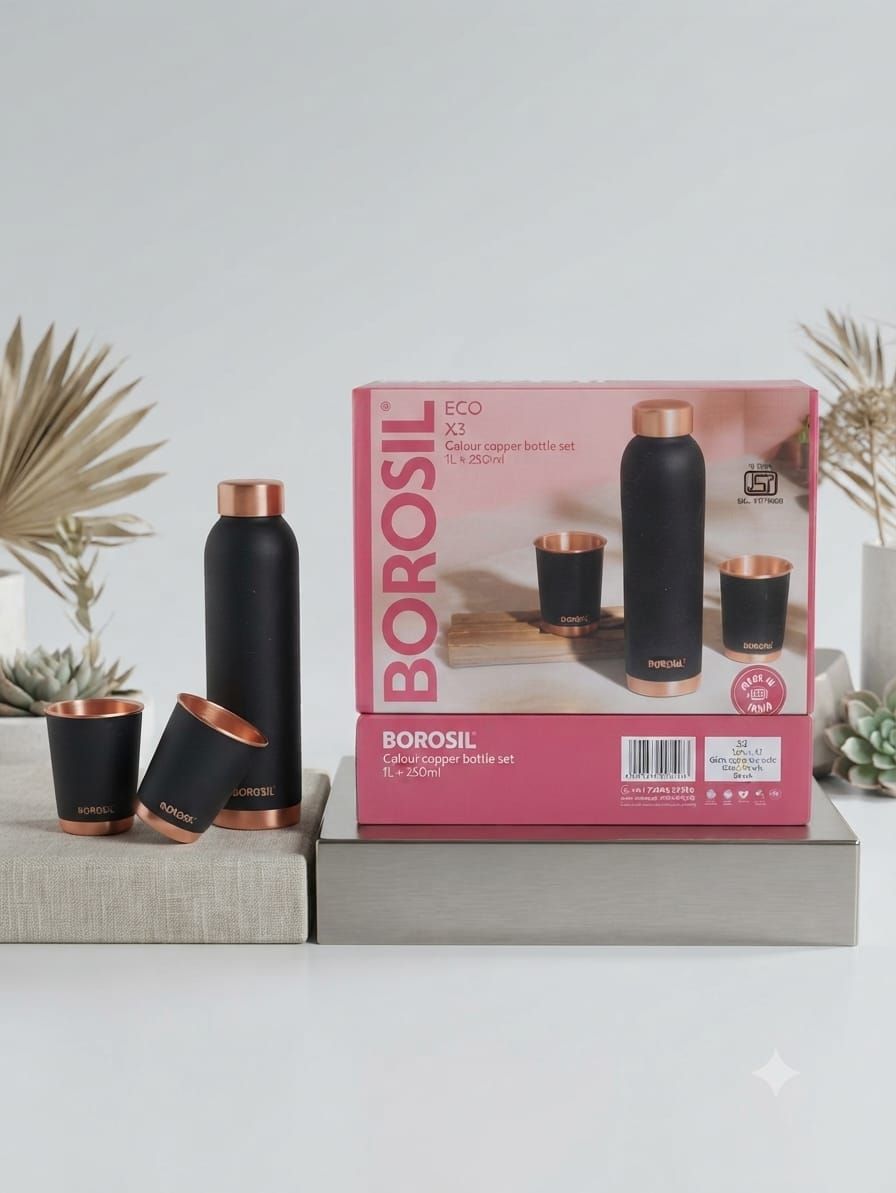 Borosil ECO Colour Copper Bottle & Glass Set (1L Bottle + 2 x 250ml Glasses)