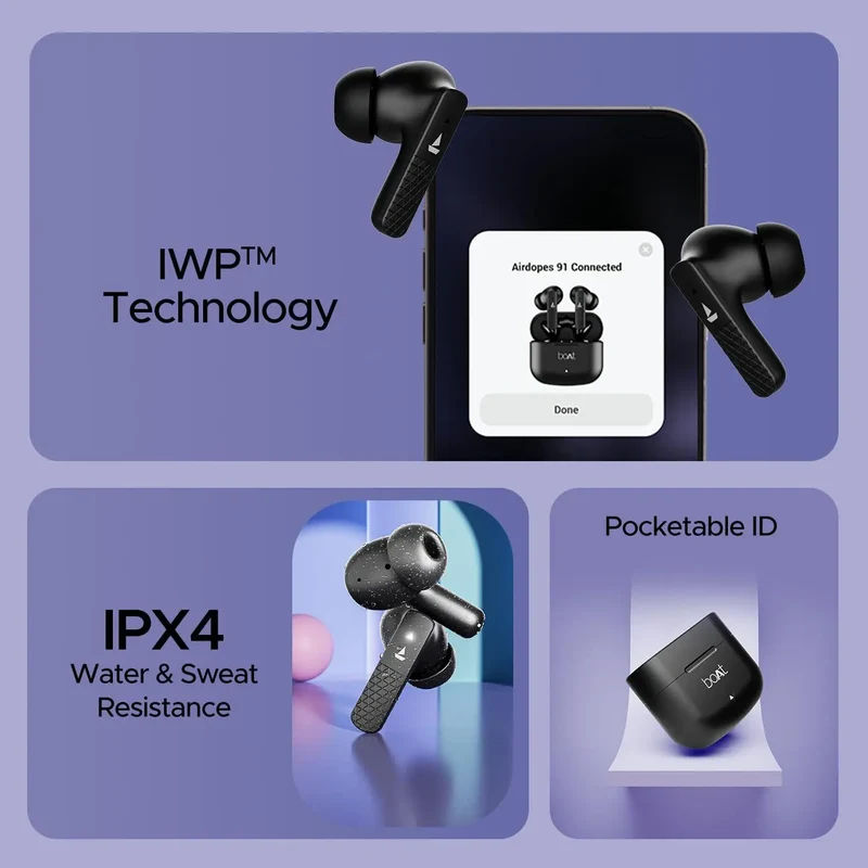 boAt Airdopes 91, 45HRS Battery, 50ms Low Latency, ENx Tech, Fast Charge, IPX4, IWP Tech, v5.3 Bluetooth Earbuds, TWS Ear Buds Wireless Earphones with mic — photo 7 of 8