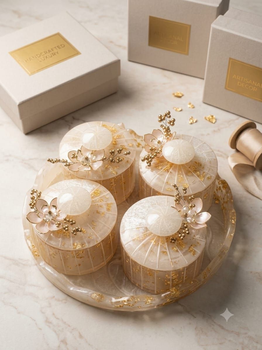 Royal Blossom Pearlescent Resin Dry Fruit Jar & Tray Gift Set (Set of 4 Jars + Round Tray)