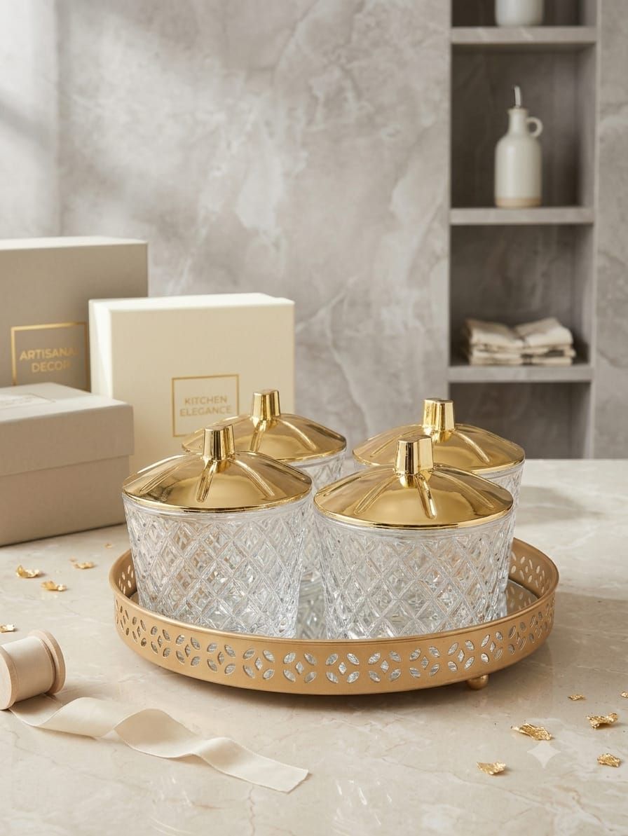 Royal Diamond Cut Crystal Glass Dry Fruit Jar & Mirror Tray Set (4 Jars + Platter)