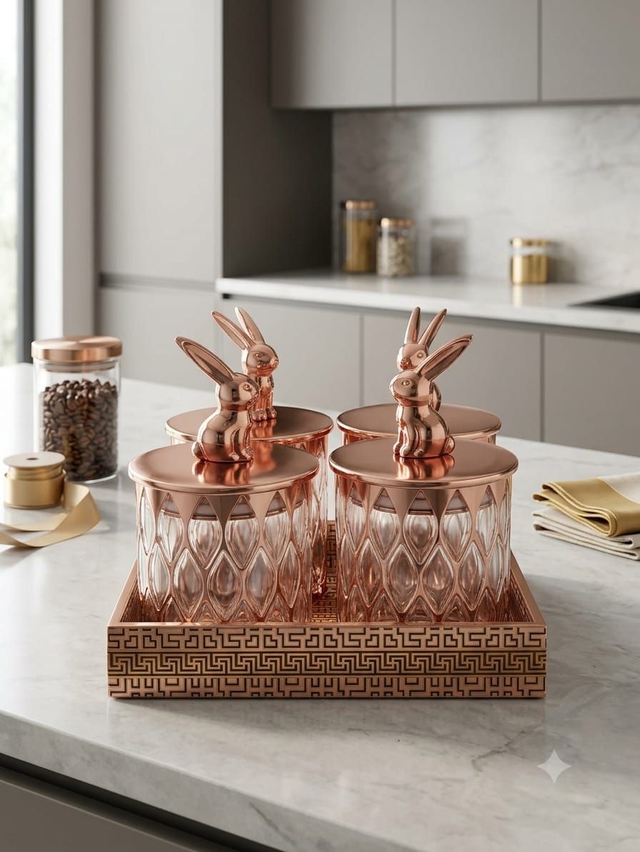 The Enchanted Garden Sovereign Edition 4-Jar Glass & Rose Gold Tabletop Serving Suite