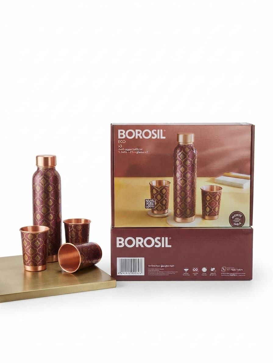 Borosil ECO Printed Copper Bottle & Glass Set (1L Bottle + 2 x 250ml Glasses)