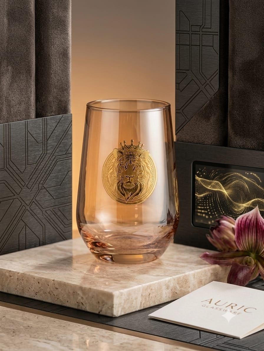 Imperial Crowned Lion Amber Stemless Glass Set – 6-Piece Luxury Barware & Drinkware