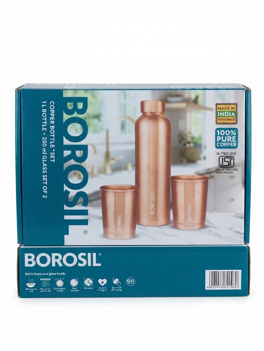 Borosil 100% Pure Copper Bottle & Glass Set (1L Bottle + 2 x 250ml Glasses)