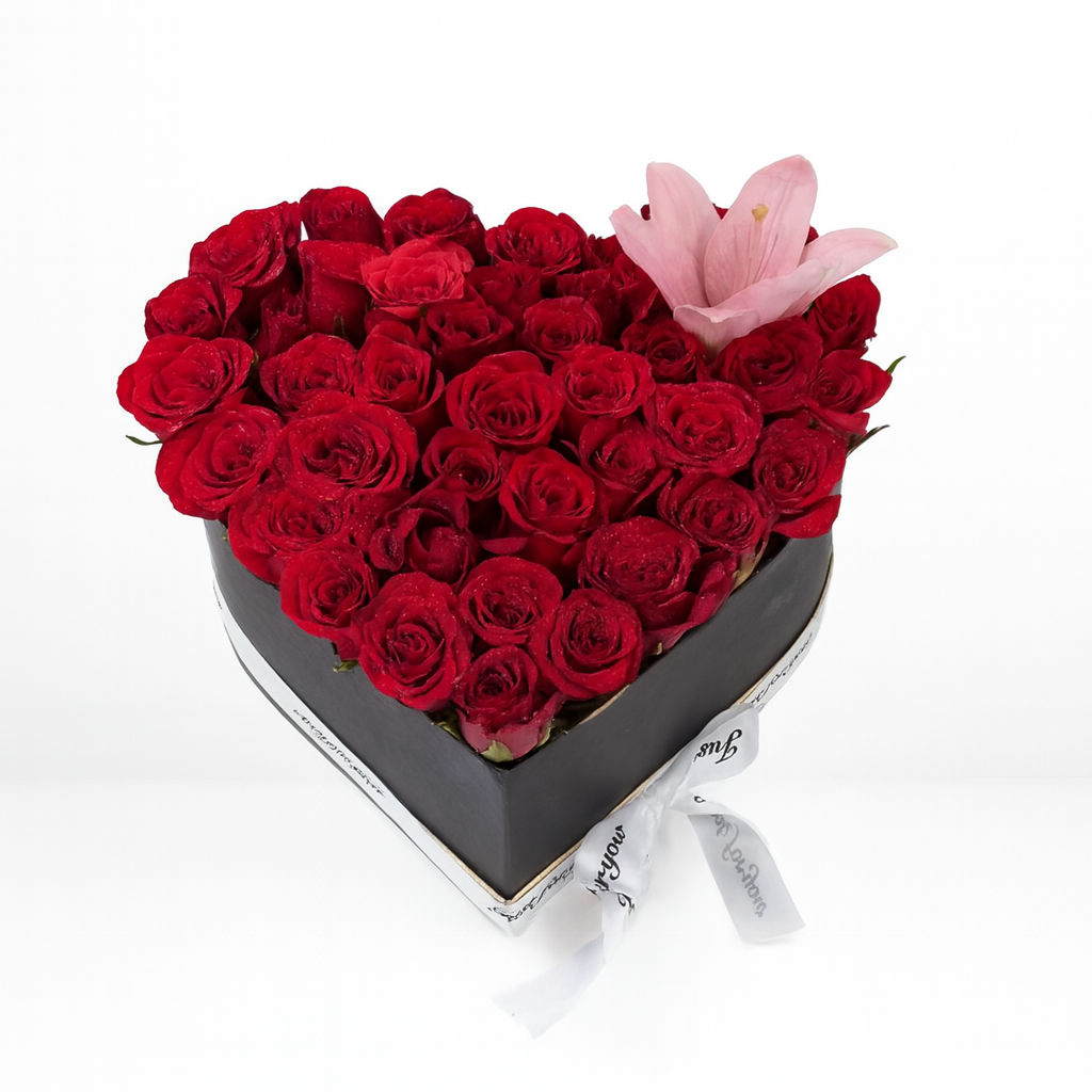 40 Rose Heart Box with Lily