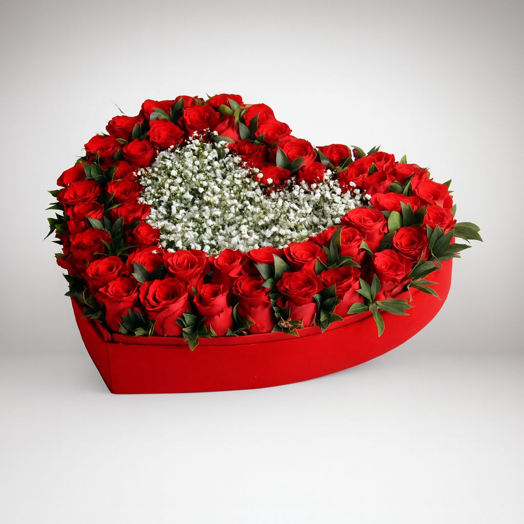 50 Red Roses & Gypsophila Velvet Heart Box