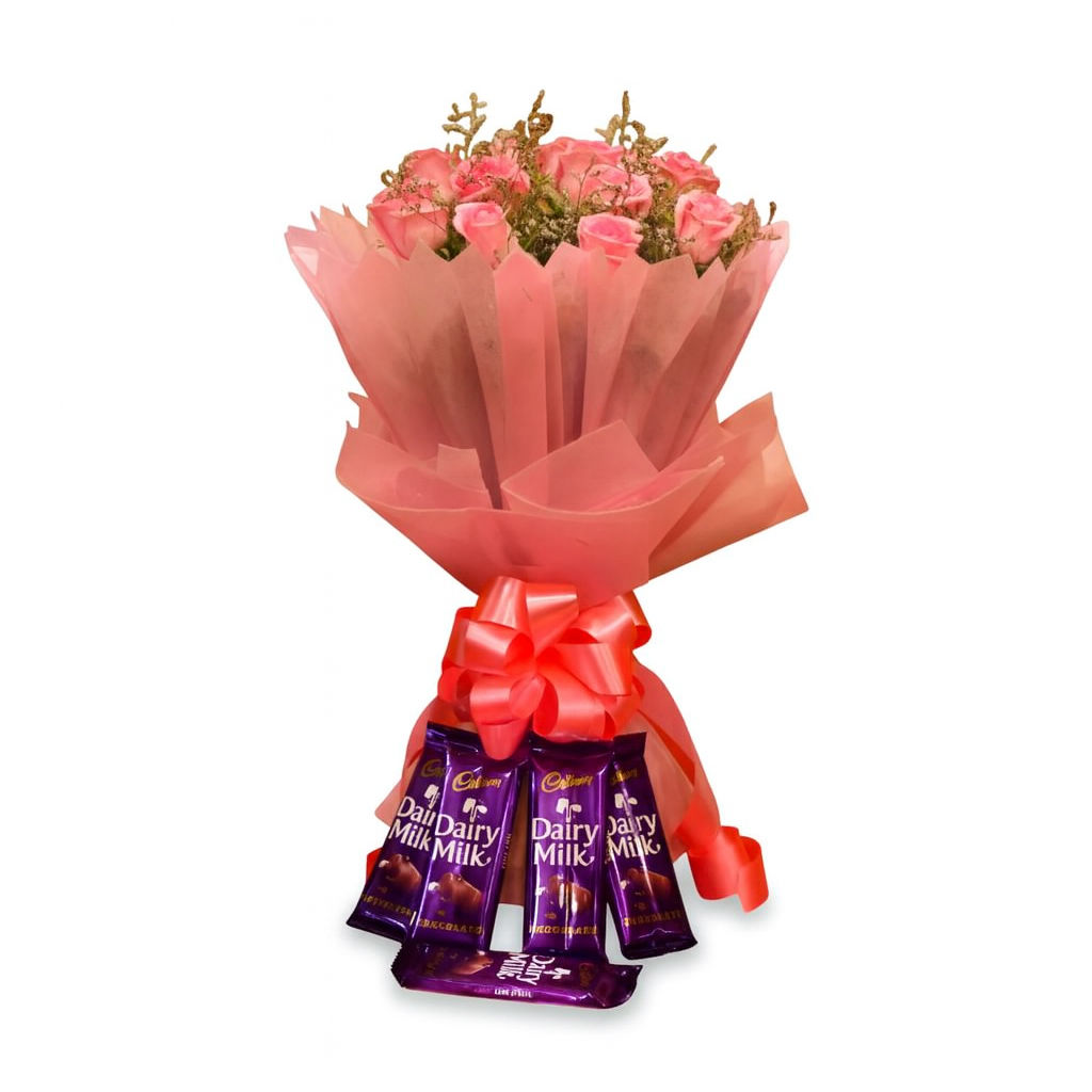 Pink Roses & Dairy Milk Bouquet