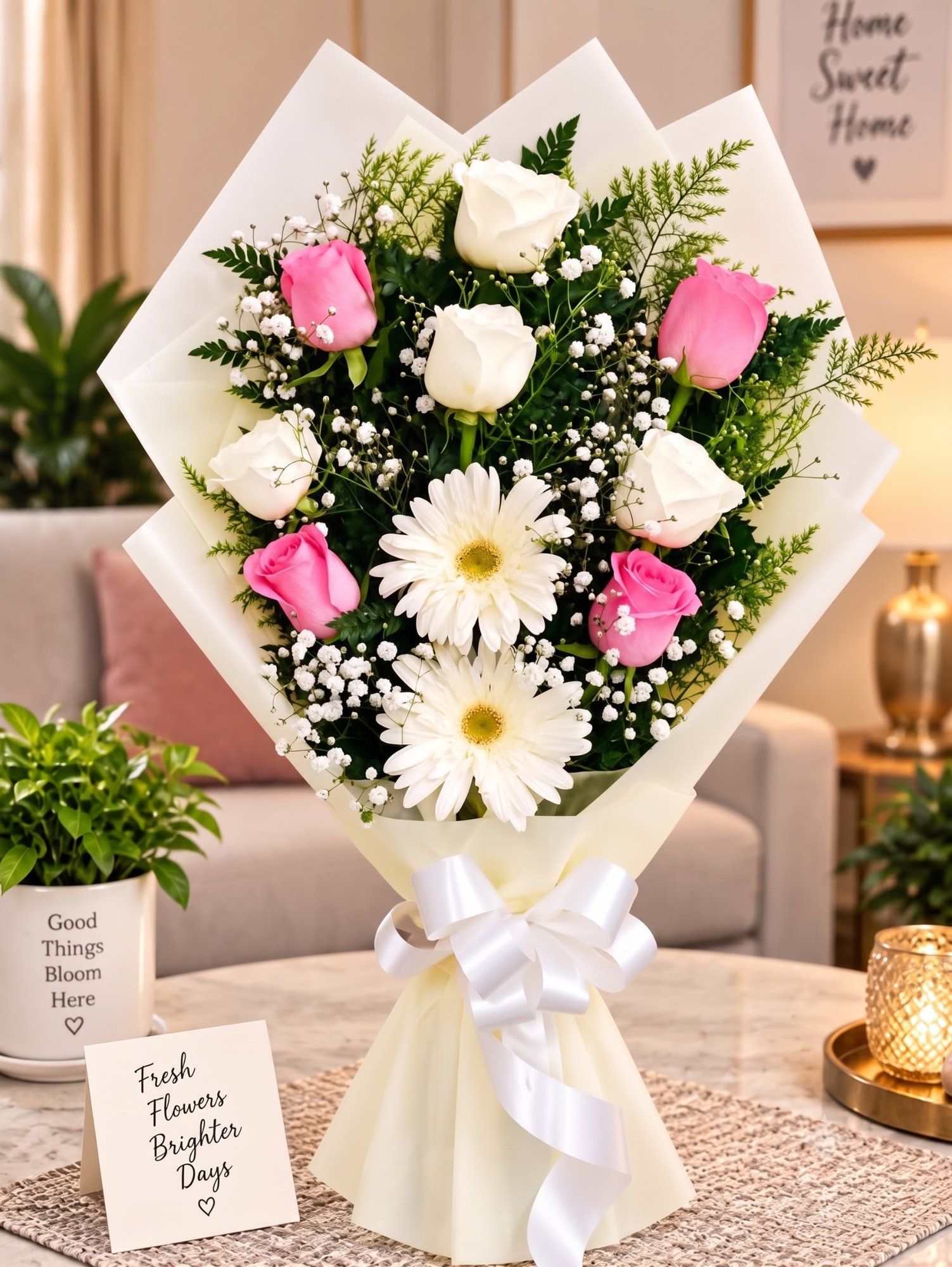 Blushing Harmony - Pink Roses & White Gerberas Bouquet