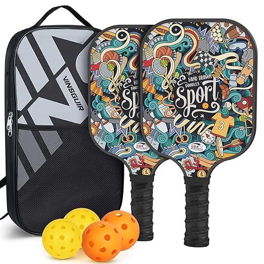 VINSGUIR Pickleball Paddle - 2 Premium Graphite Rackets Honeycomb Composite Core with Cushion Comfort Grip & 4 Balls & Portable Racquet Bag (Hand Drawn Doodles + 3 Outdoor Balls +1 Indoor Ball+ Bag)