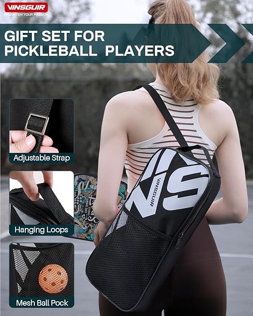 VINSGUIR Pickleball Paddle - 2 Premium Graphite Rackets Honeycomb Composite Core with Cushion Comfort Grip & 4 Balls & Portable Racquet Bag (Hand Drawn Doodles + 3 Outdoor Balls +1 Indoor Ball+ Bag) — photo 5 of 5
