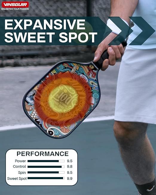 VINSGUIR Pickleball Paddle - 2 Premium Graphite Rackets Honeycomb Composite Core with Cushion Comfort Grip & 4 Balls & Portable Racquet Bag (Hand Drawn Doodles + 3 Outdoor Balls +1 Indoor Ball+ Bag) — photo 3 of 5