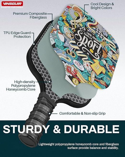 VINSGUIR Pickleball Paddle - 2 Premium Graphite Rackets Honeycomb Composite Core with Cushion Comfort Grip & 4 Balls & Portable Racquet Bag (Hand Drawn Doodles + 3 Outdoor Balls +1 Indoor Ball+ Bag) — photo 4 of 5