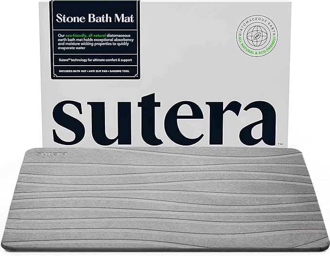 SUTERA Rubber- Stone Bath Mat, Diatomaceous Earth Shower Rectangular Shape Mat, Non-Slip Super Absorbent Quick Drying Bathroom Floor Mat, Natural, Easy To Clean (23.5 X 15 Gray)