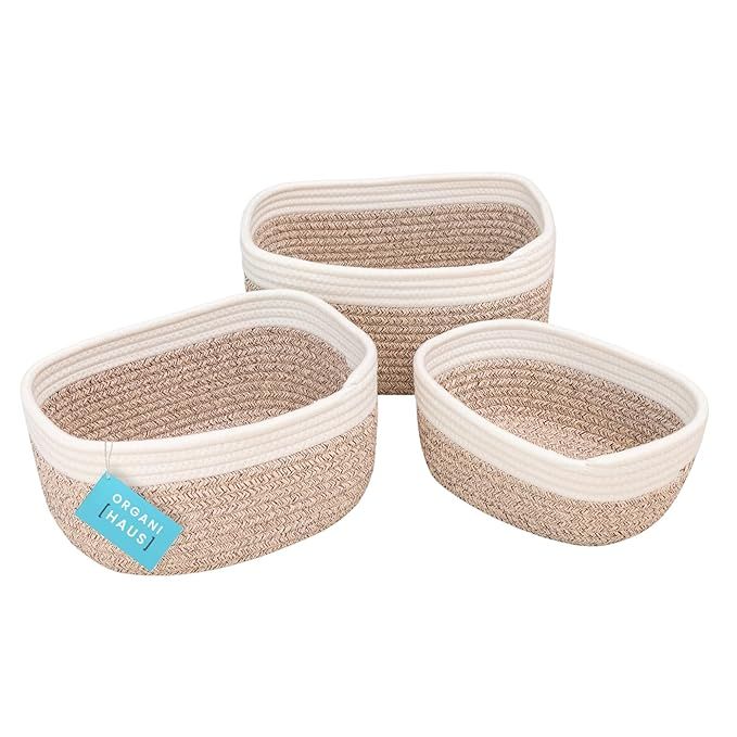 ORGANIHAUS Set of 3 Brown Nursery Basket | Book Basket | Cotton Rope Storage Baskets | Small Woven Baskets for Organizing | Decorative Storage Bins | Shelf Storage Basket | Baby Storage Organizer